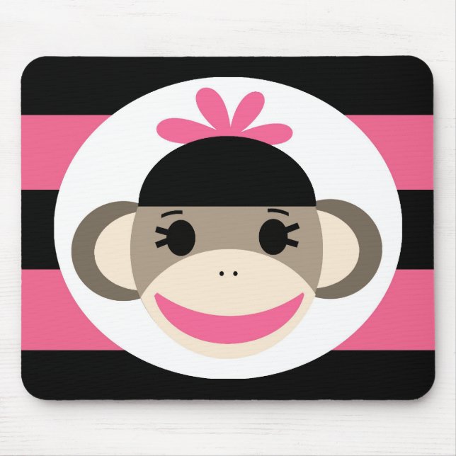 Cute Baby Girl Sock Monkey Black Pink Stripes Mouse Mat (Front)