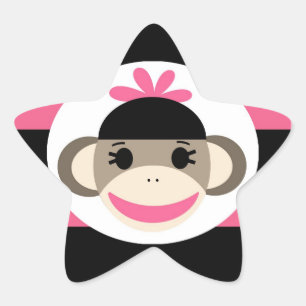 Cute Baby Girl Sock Monkey Black Pink Stripes Star Sticker