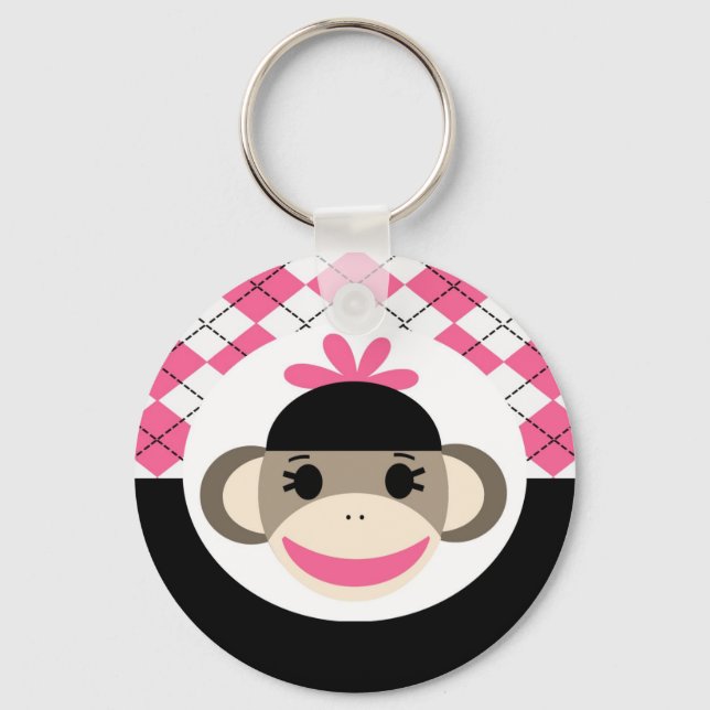 Cute Baby Girl Sock Monkey Pink Black Argyle Key Ring (Front)