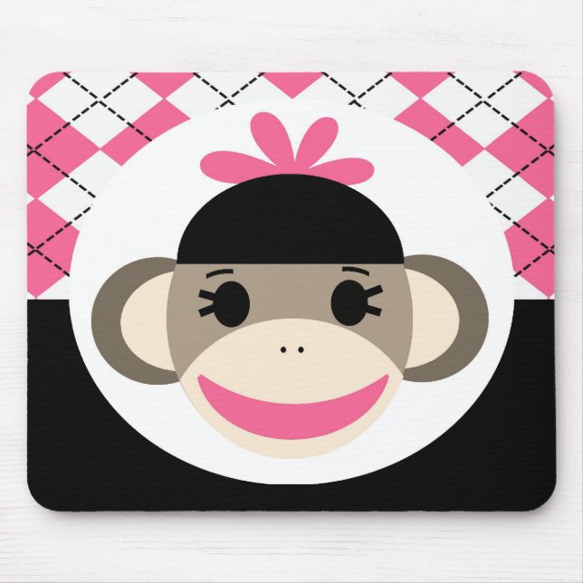 Cute Baby Girl Sock Monkey Pink Black Argyle Mouse Mat (Front)