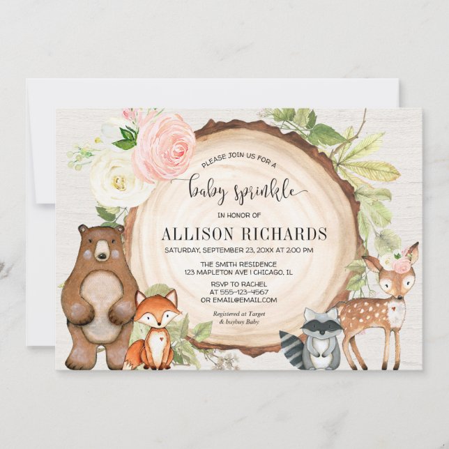 Cute baby girl sprinkle woodland theme shower invitation (Front)