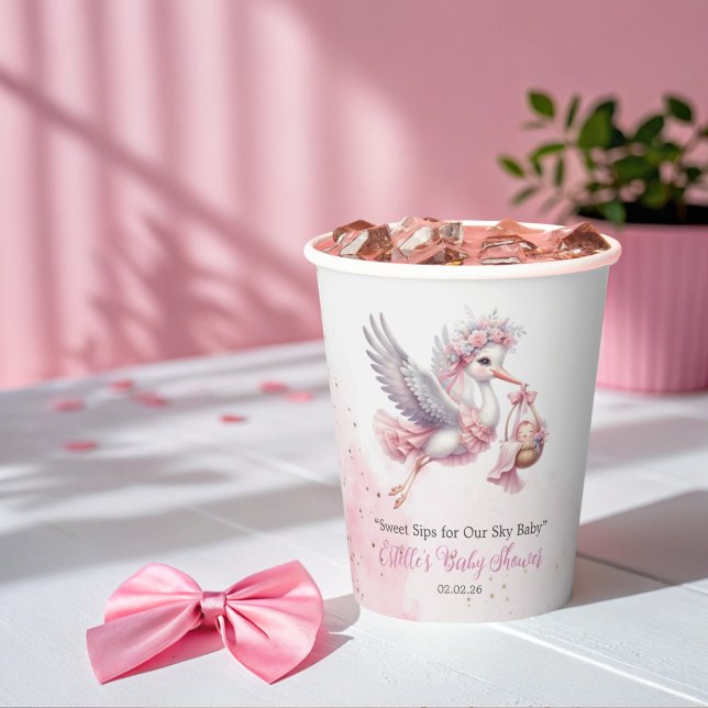 Cute Baby Girl Stork & Pink Cloud Baby Shower Paper Cups (Creator Uploaded)