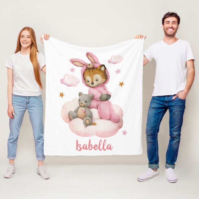 Cute baby girl tiger sitting cloud pink pyjamas fleece blanket (In Situ)