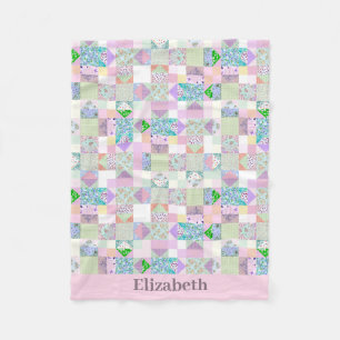 Cute Baby Girl Vintage Quilt Design Custom Name Fleece Blanket