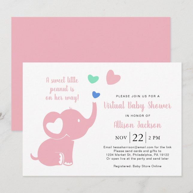 Cute Baby Girl Virtual Shower Elephant Pink Invitation (Front/Back)
