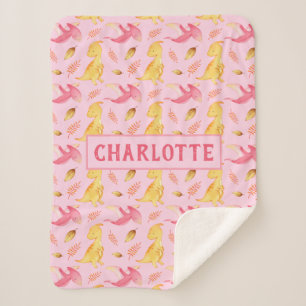 Cute Baby Girl Watercolor Dinosaurs Personalised Sherpa Blanket