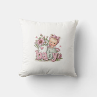 Cute Baby Girl with Flowers & Pink Letters | Sweet Cushion