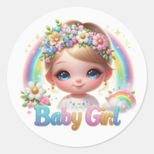 Cute Baby Girl with Rainbow and Flowers Classic Round Sticker