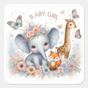 Cute Baby Girl Woodland Animals with Flowers  Square Sticker