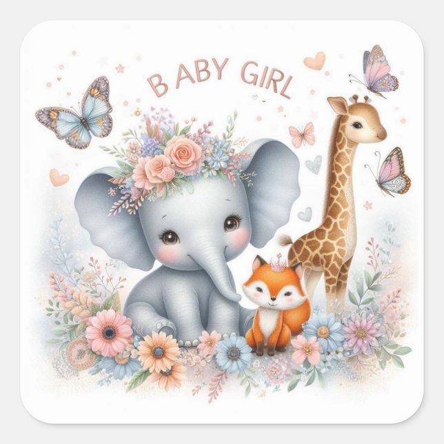 Cute Baby Girl Woodland Animals with Flowers  Square Sticker (Front)