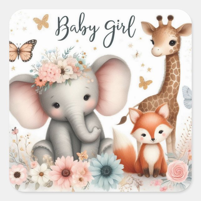 Cute Baby Girl Woodland Animals with Flowers  Square Sticker (Front)