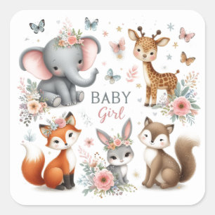 Cute Baby Girl Woodland Animals with Flowers Square Sticker