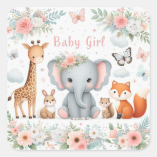 Cute Baby Girl Woodland Animals with Flowers  Square Sticker
