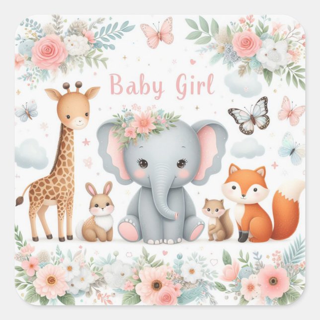 Cute Baby Girl Woodland Animals with Flowers  Square Sticker (Front)