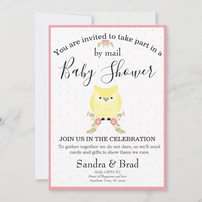 Cute Baby Girl Yellow Owl  Modern Baby Shower Invitation (Front)