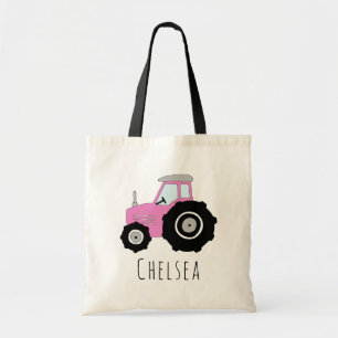 Cute Baby Girl's Pink Farm Tractor and Name Tote Bag