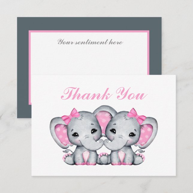 cute baby girls twin elephant  thank you card (Front/Back)