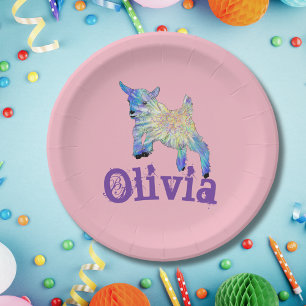 Cute Baby Goat Jumping Animal Art add Name Paper Plate