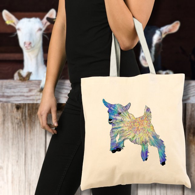 Cute Baby Goat Jumping Colorful Animal Art Tote Bag (Creator Uploaded)