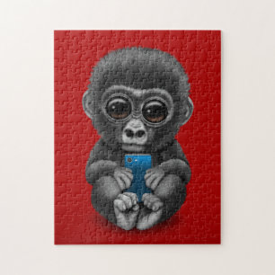Cute Baby Gorilla Holding a Cell Phone Red Jigsaw Puzzle
