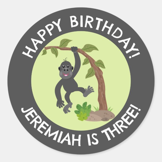 Cute baby gorilla personalised cartoon birthday classic round sticker (Front)