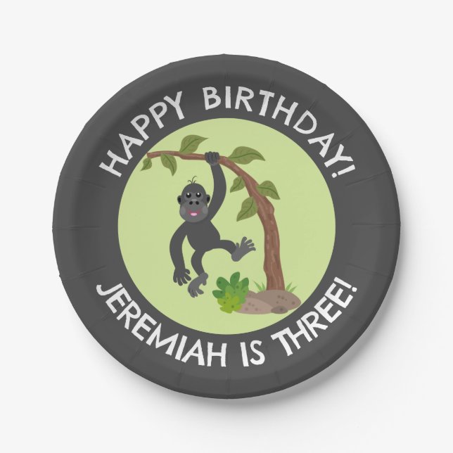 Cute baby gorilla personalised cartoon birthday paper plate (Front)