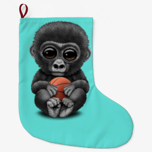 Cute Baby Gorilla Playing With Basketball Large Christmas Stocking