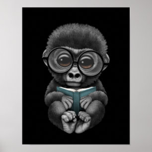 Cute Baby Gorilla Reading a Book on Black Poster