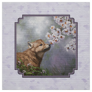 Cute Baby Gray Wolf Pup and Flowers Fabric