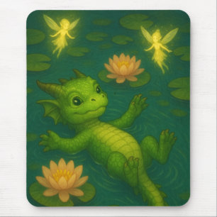 Cute baby green forest dragon puppy eyes swimming mouse mat