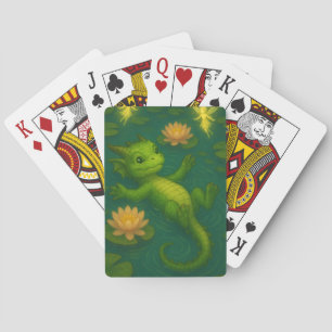 Cute baby green forest dragon puppy eyes swimming playing cards