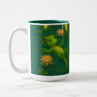 Cute baby green forest dragon puppy eyes swimming