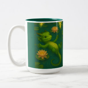 Cute baby green forest dragon puppy eyes swimming Two-Tone coffee mug