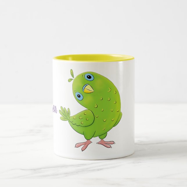 Cute baby green parakeet cartoon illustration Two-Tone coffee mug (Center)