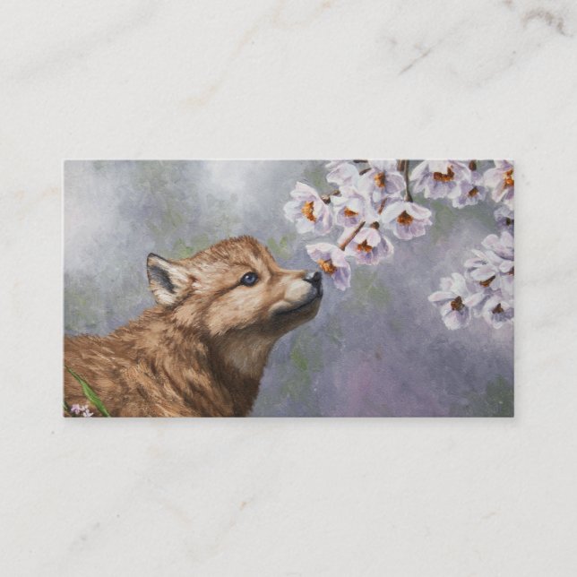 Cute Baby Grey Wolf Pup and Flowers Business Card (Front)
