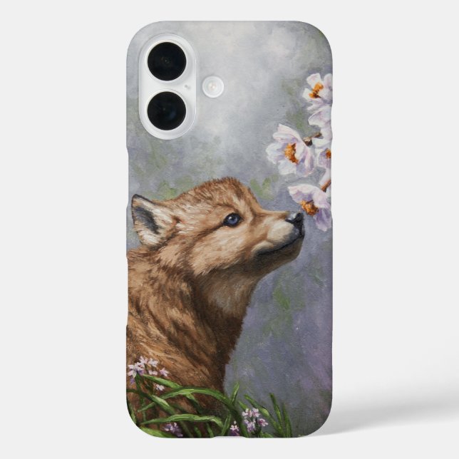 Cute Baby Grey Wolf Pup and Flowers Case-Mate iPhone Case (Back)