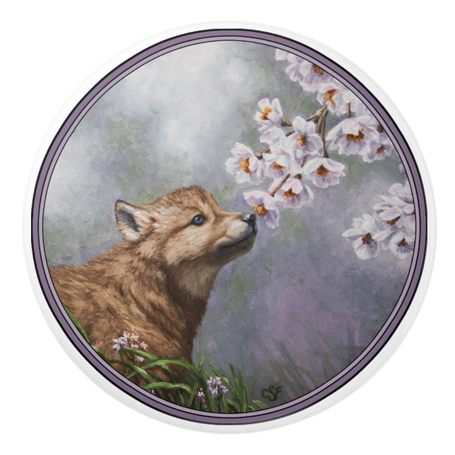 Cute Baby Grey Wolf Pup and Flowers Ceramic Knob (Front)