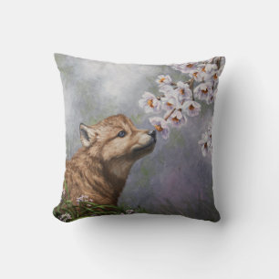 Cute Baby Grey Wolf Pup and Flowers Cushion