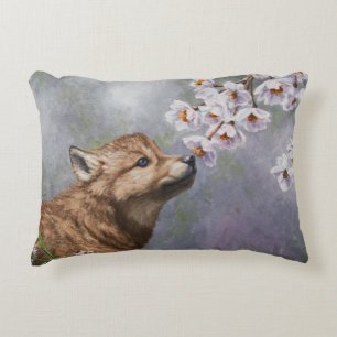 Cute Baby Grey Wolf Pup and Flowers Decorative Cushion