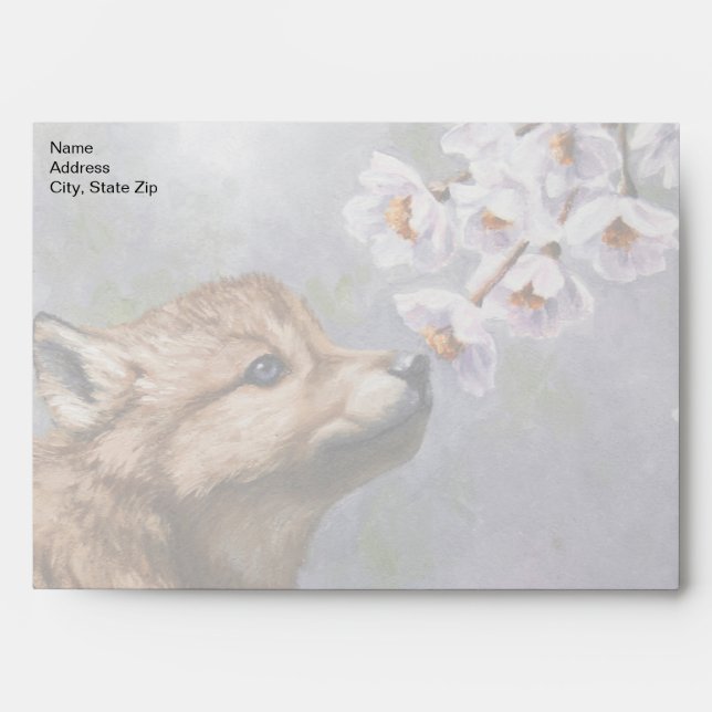 Cute Baby Grey Wolf Pup and Flowers Envelope (Front)