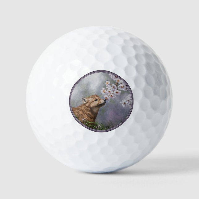 Cute Baby Grey Wolf Pup and Flowers Golf Balls (Front)