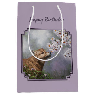 Cute Baby Grey Wolf Pup and Flowers Medium Gift Bag