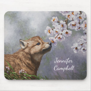 Cute Baby Grey Wolf Pup and Flowers Mouse Mat