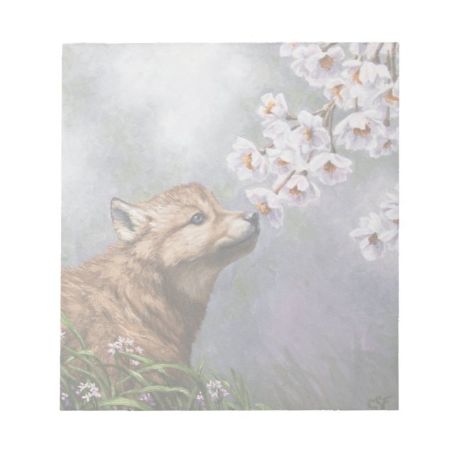 Cute Baby Grey Wolf Pup and Flowers Notepad (Front)