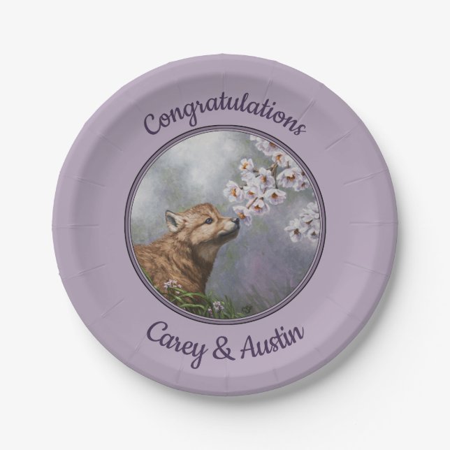 Cute Baby Grey Wolf Pup and Flowers Paper Plate (Front)