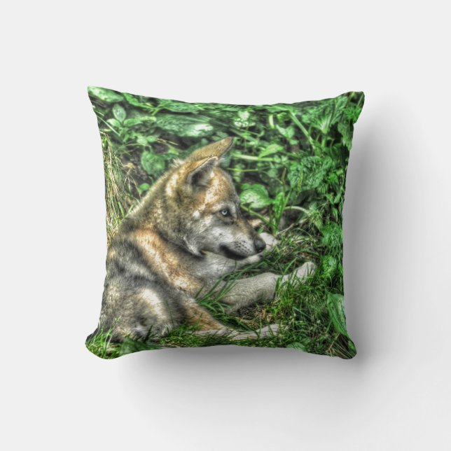 Cute Baby Grey Wolf Pup Wildlife Photo Cushion (Front)