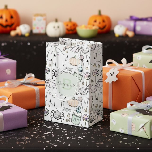 Cute Baby Halloween with Pumpkins, Bats and Ghosts Small Gift Bag (Cute October Birthday Halloween Gift Bags. Ghost, Bats, Pumpkin, Pattern & Gender Neutral Monogram)