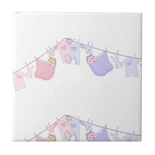 Cute baby hanging on clothing line tile (Front)