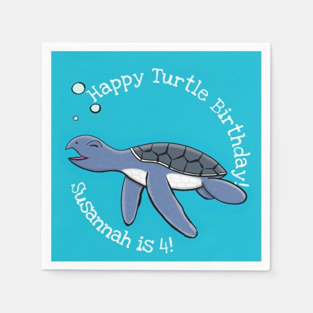 Cute baby happy sea turtle swimming cartoon napkin (Front)