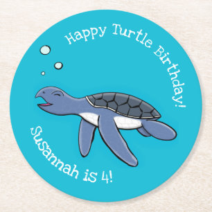 Cute baby happy sea turtle swimming cartoon round paper coaster